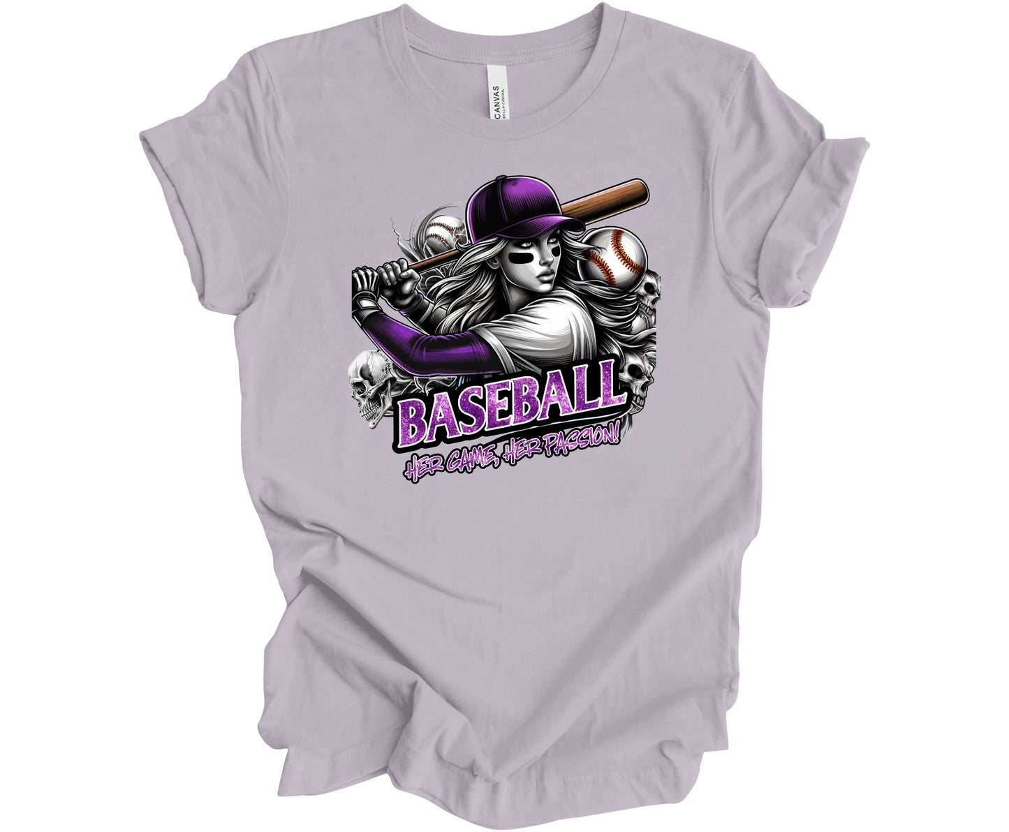 Bella Canvas T-Shirt in the color Lavender Dust with an image of a girl baseball player with the words "Baseball, Her Game, Her Passion"