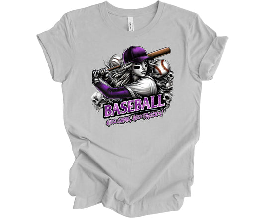Bella Canvas T-Shirt in the color Solid Athletic Gray with an image of a girl baseball player with the words "Baseball, Her Game, Her Passion"