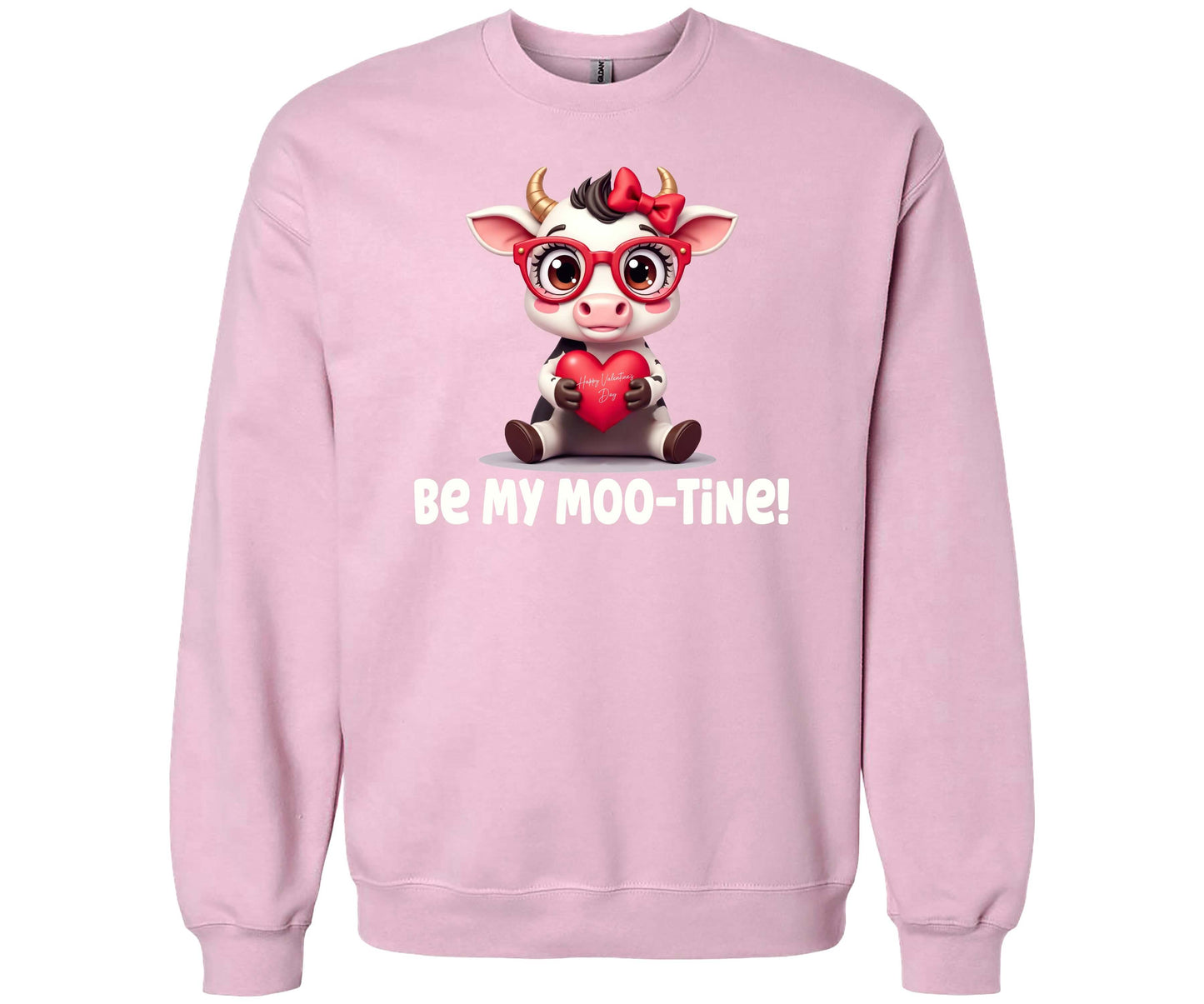 Gildan Softstyle Be My Moo-Tine! Valentine's Day Sweatshirt in the color Light Pink with a cute graphic of a baby cow wearing fashionable glasses and holding a red heart.