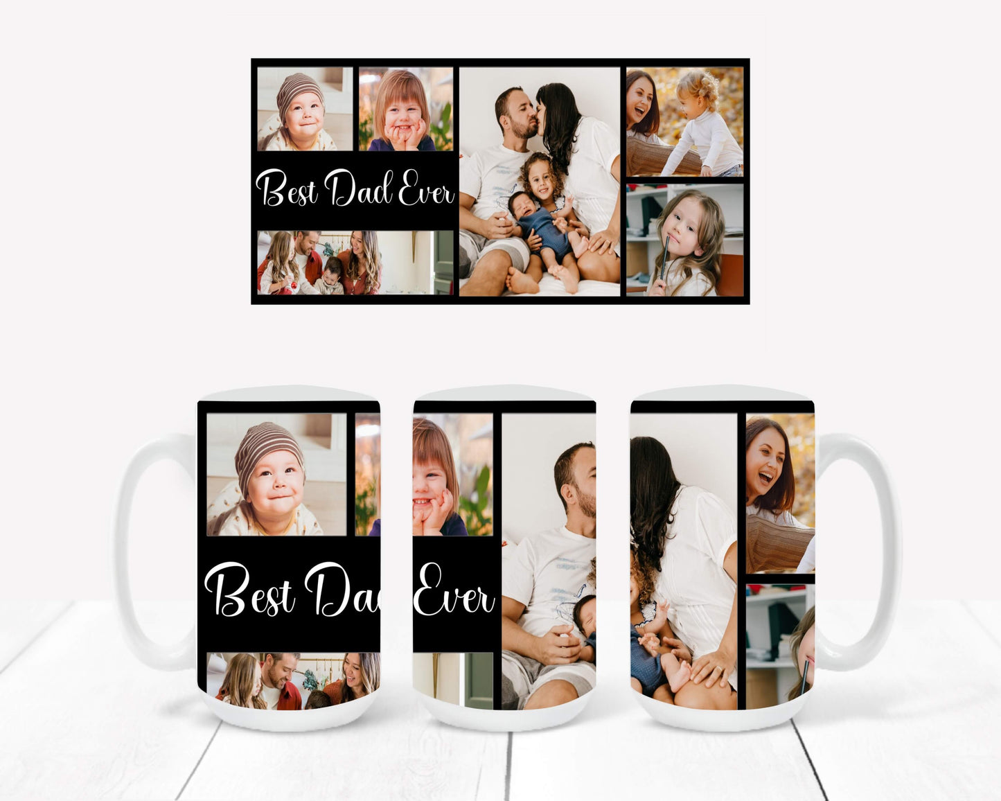 Best Dad Ever Mug with Six Photos in Black Framed Collage and the words "Best Dad Ever"