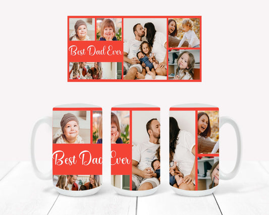Best Dad Ever Mug with Six Photos in Red Framed Collage with the words "Best Dad Ever"
