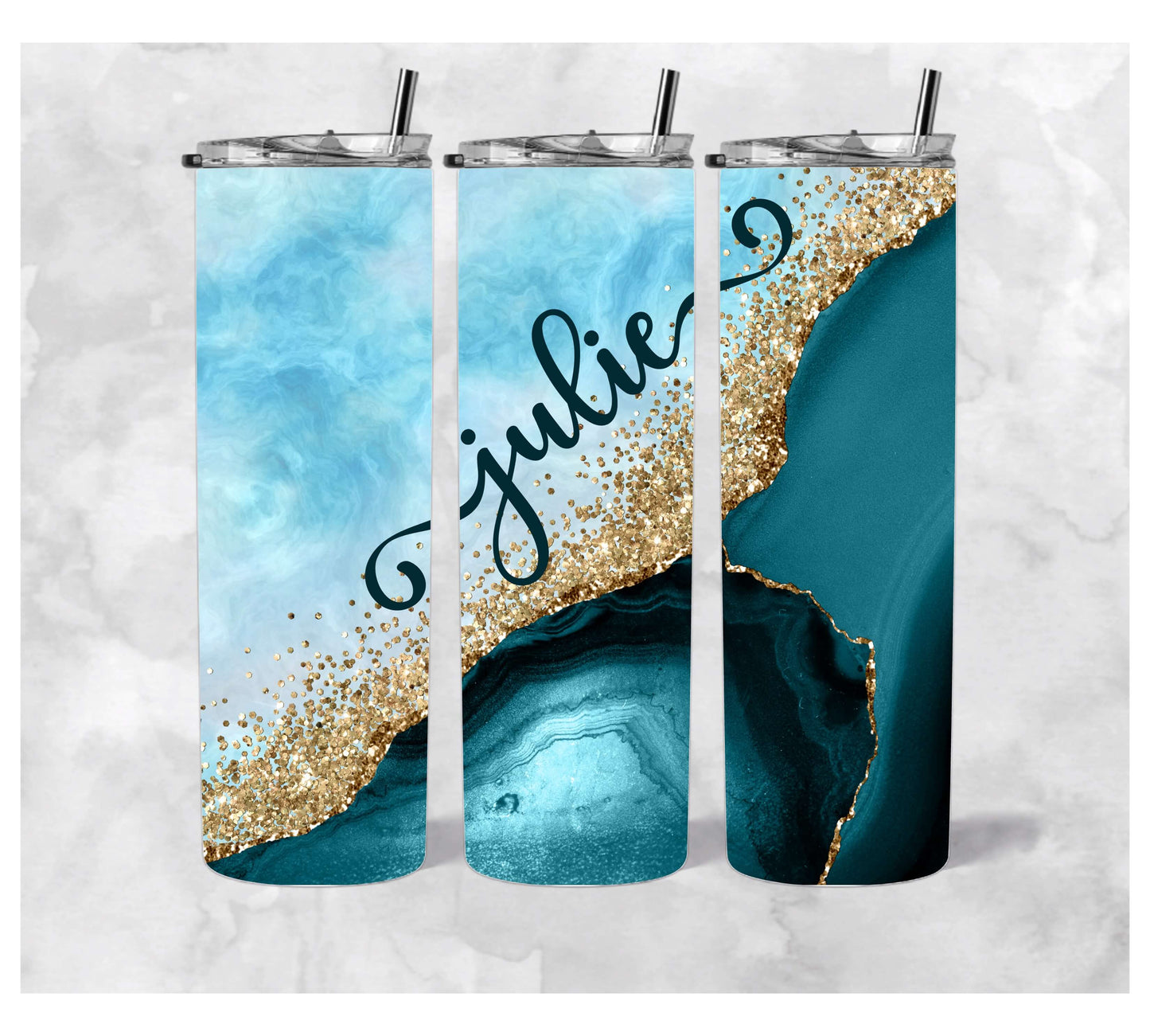 20oz Stainless Steel Tumbler with Blue Agate Marble Design personalized with your name in a font of your choice.