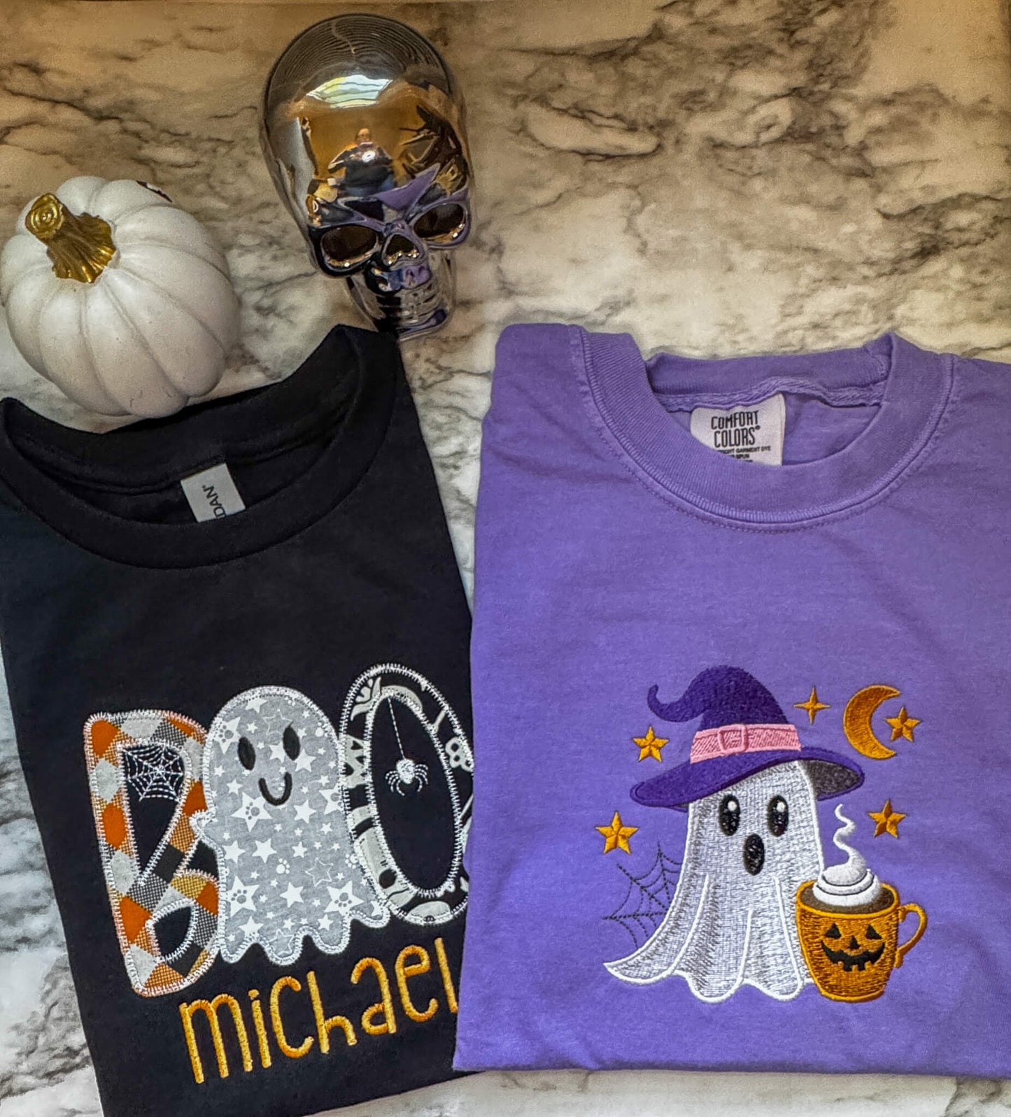 Embroidered Halloween themed tshirts for mom and son.