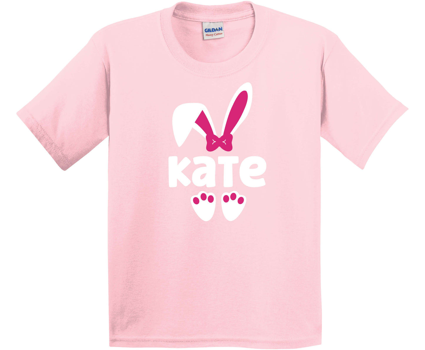 Gildan Youth Light Pink T-Shirt with a bunny design that can be personalized with your child's name.