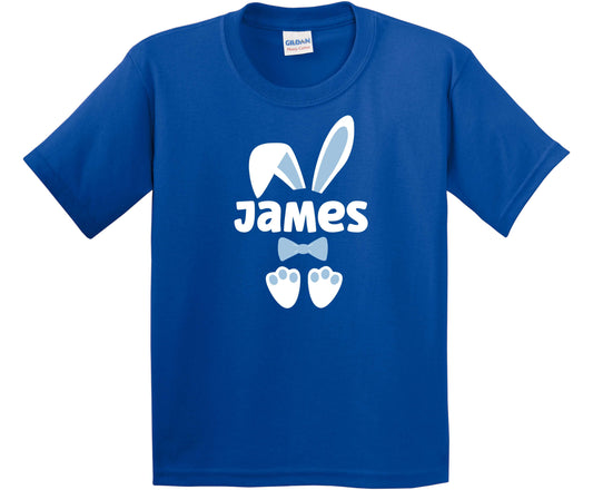 Gildan Youth Royal Blue T-Shirt with a bunny design that can be personalized with your child's name.