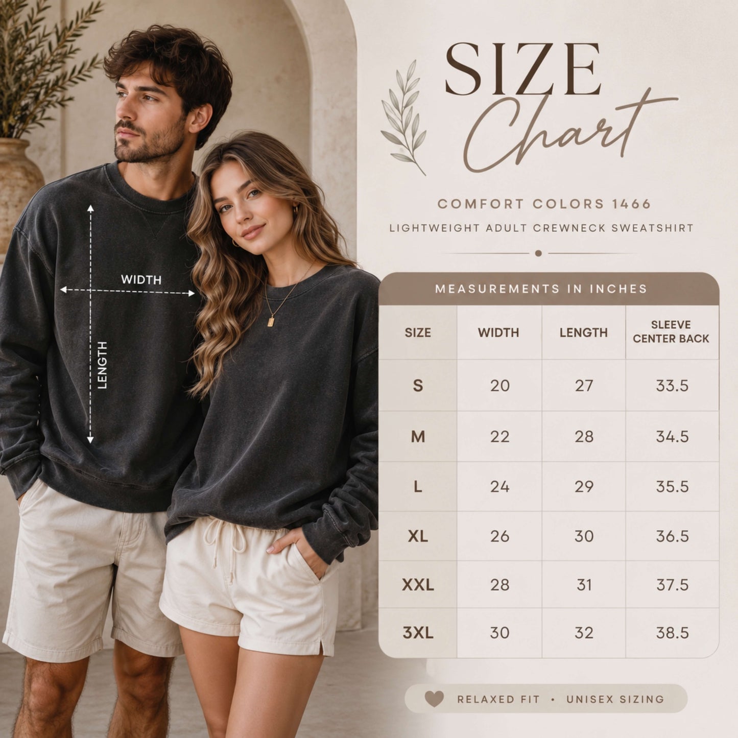 Comfort Colors Lightweight Sweatshirt (#1466) Size Chart. Unisex fit, sizes S-3XL.