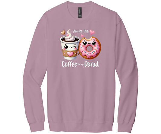 Gildan Softstyle Sweatshirt in the color Paragon with a funny graphic of a Coffee Cup holding hands with a Donut and the words "You're the Coffee to my Donut".