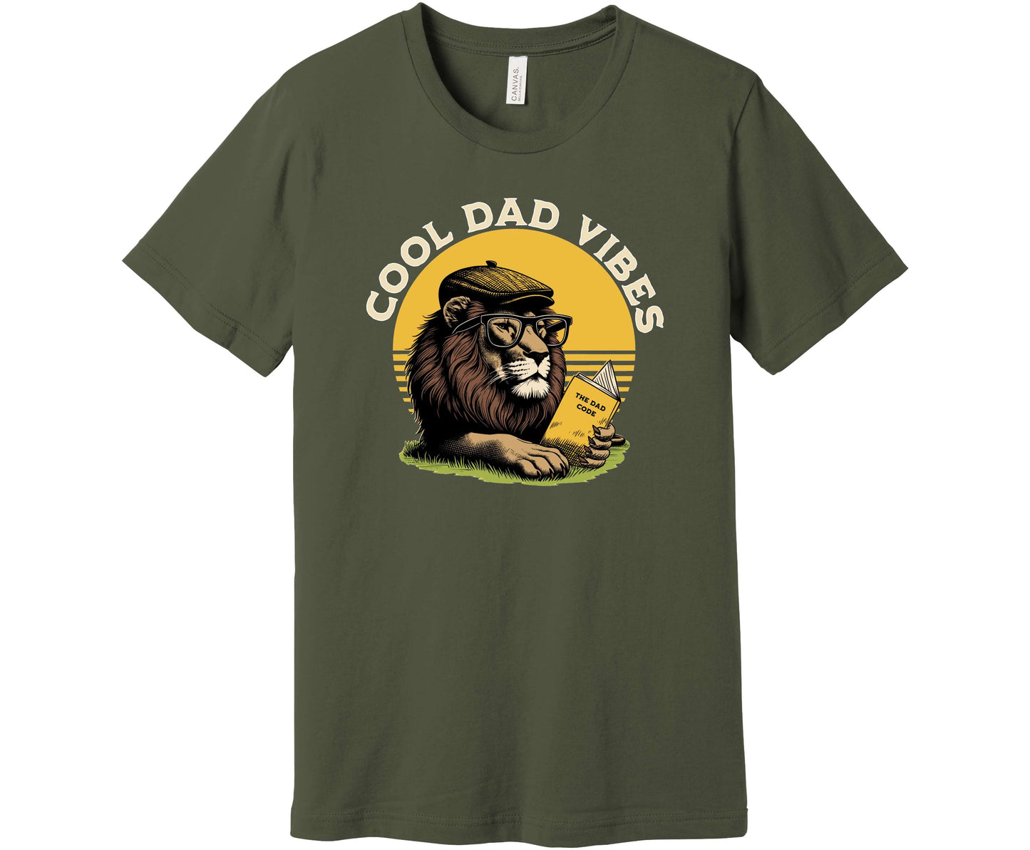 Bella Canvas T-Shirt in Army green with the words Cool Dad Vibes and an image of a lion with a newsboy cap and glasses reading the book "The Dad Code"