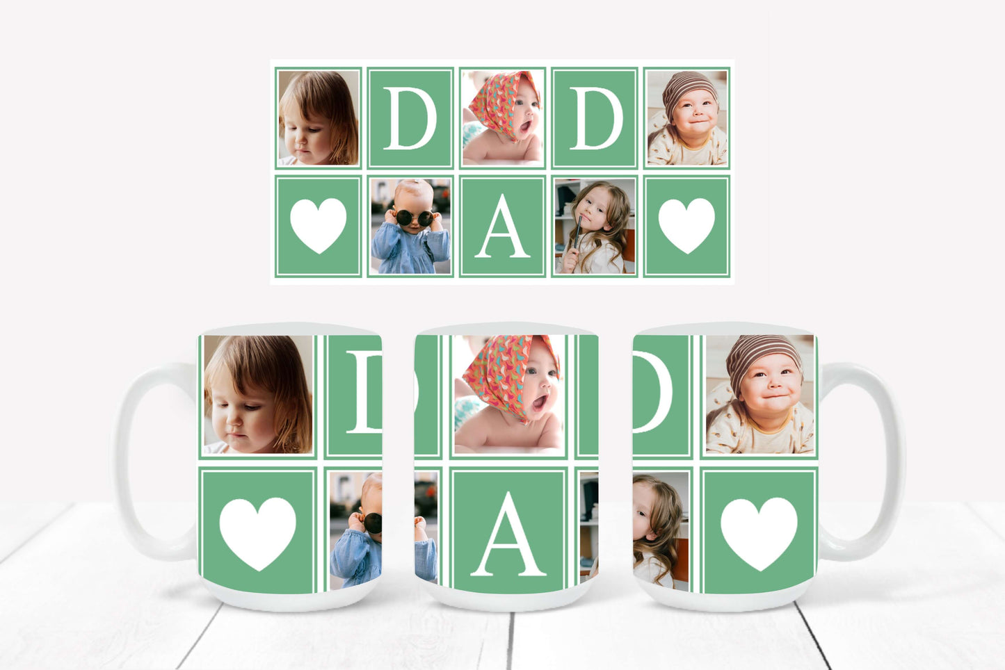 Personalized Photo Mug featuring a iguana green-outlined collage design with hearts and the word "DAD"