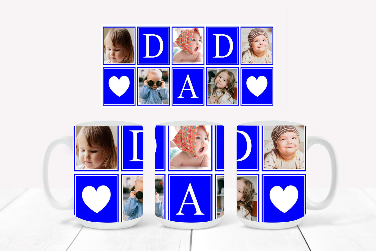 Personalized Photo Mug featuring a royal blue-outlined collage design with hearts and the word "DAD"