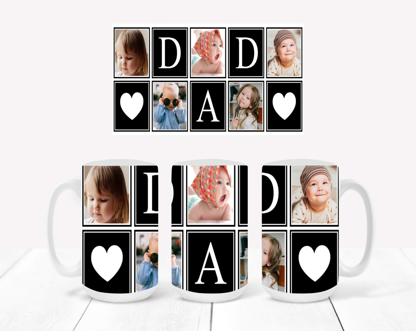 Personalized Photo Mug featuring a black-outlined collage design with hearts and the word "DAD"
