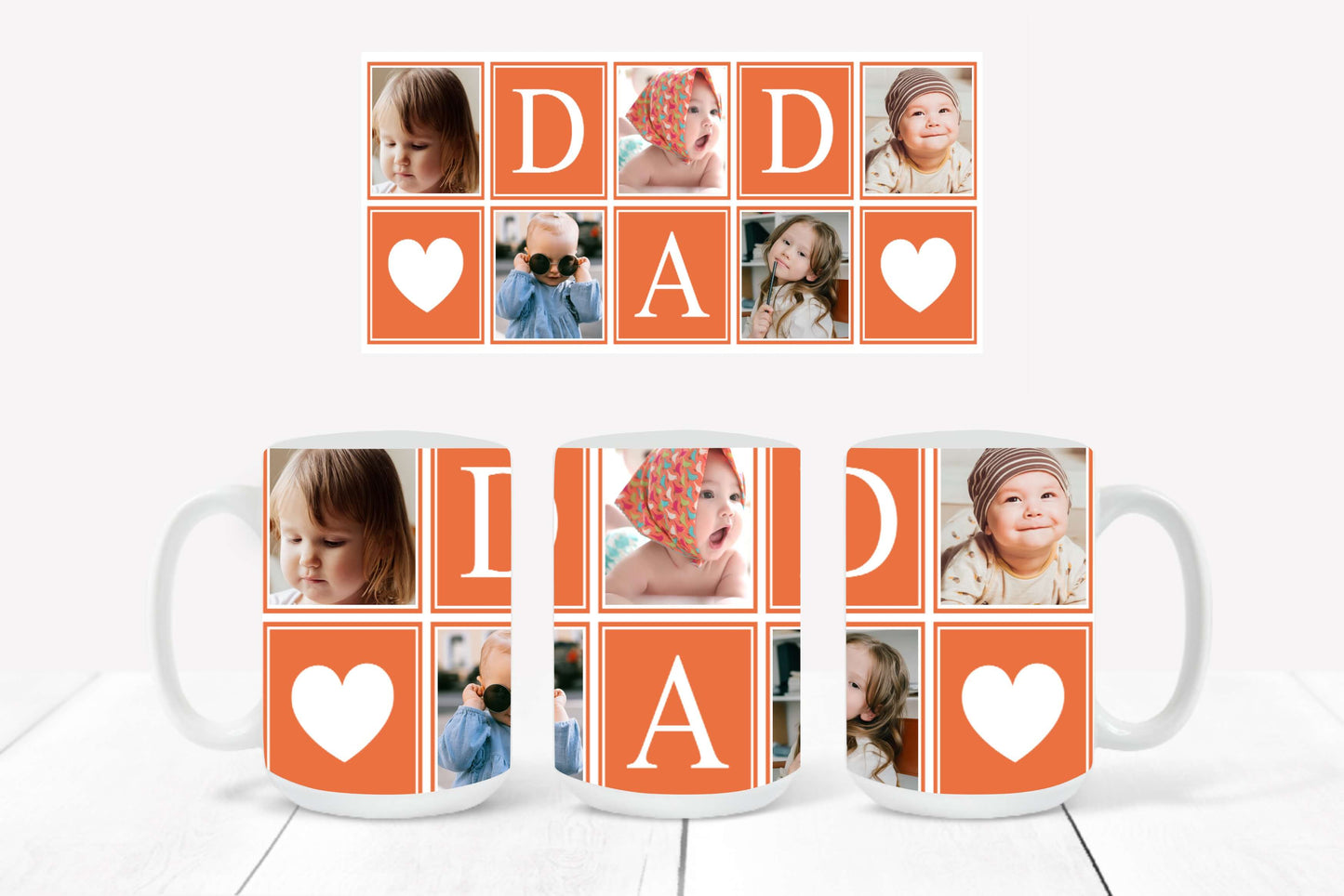 Personalized Photo Mug featuring a burnt orange-outlined collage design with hearts and the word "DAD"