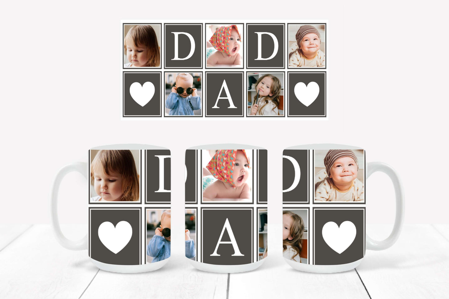 Personalized Photo Mug featuring a dark gray-outlined collage design with hearts and the word "DAD"