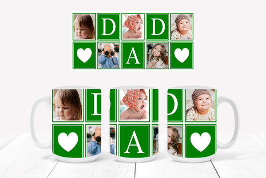 Personalized Photo Mug featuring a dark green-outlined collage design with hearts and the word "DAD"