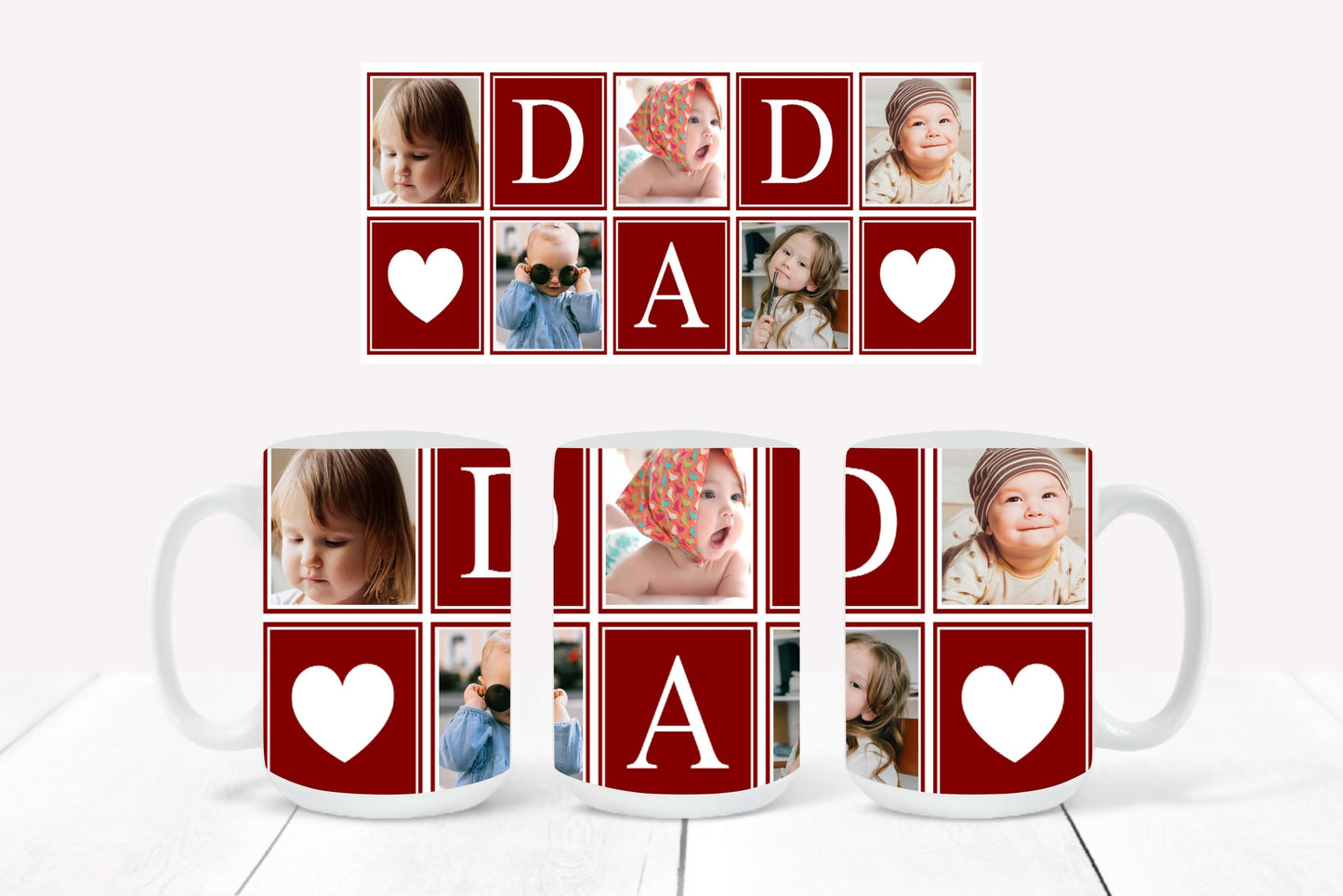 Personalized Photo Mug featuring a dark red-outlined collage design with hearts and the word "DAD"
