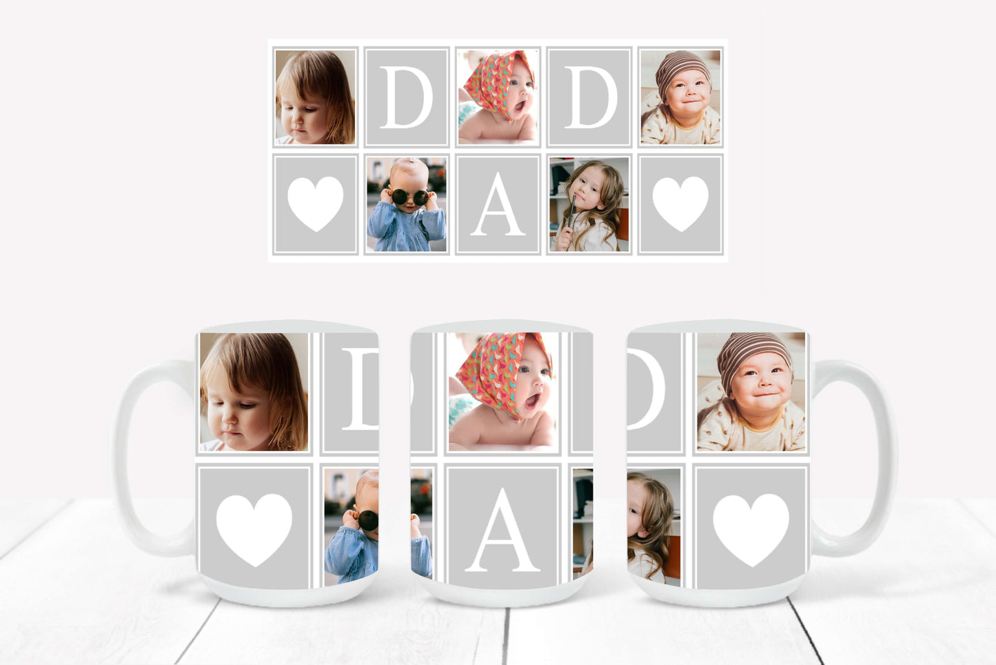 Personalized Photo Mug featuring a light gray-outlined collage design with hearts and the word "DAD"