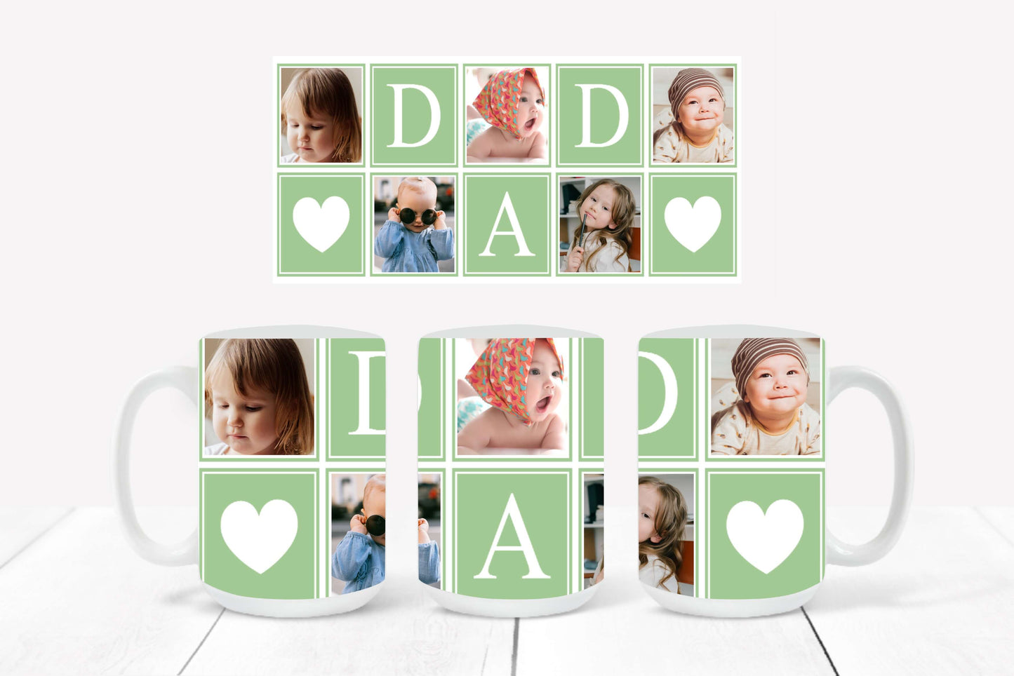 Personalized Photo Mug featuring a light green-outlined collage design with hearts and the word "DAD"