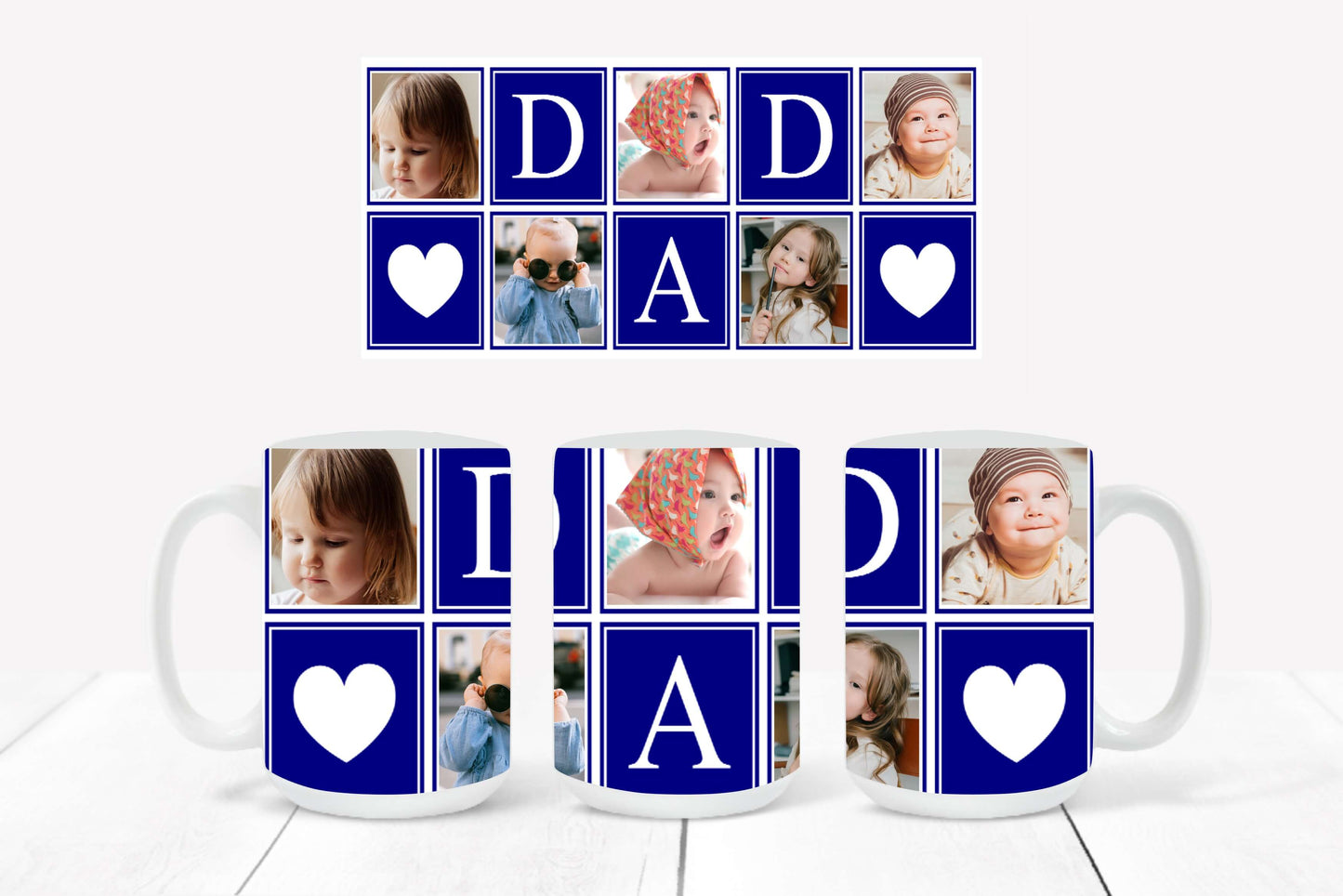 Personalized Photo Mug featuring a navy-outlined collage design with hearts and the word "DAD"