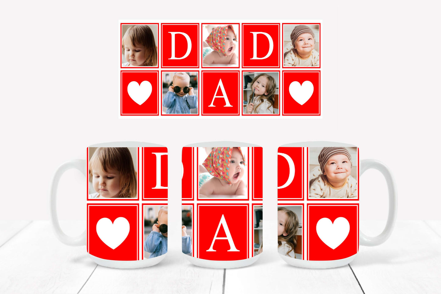 Personalized Photo Mug featuring a red-outlined collage design with hearts and the word "DAD"