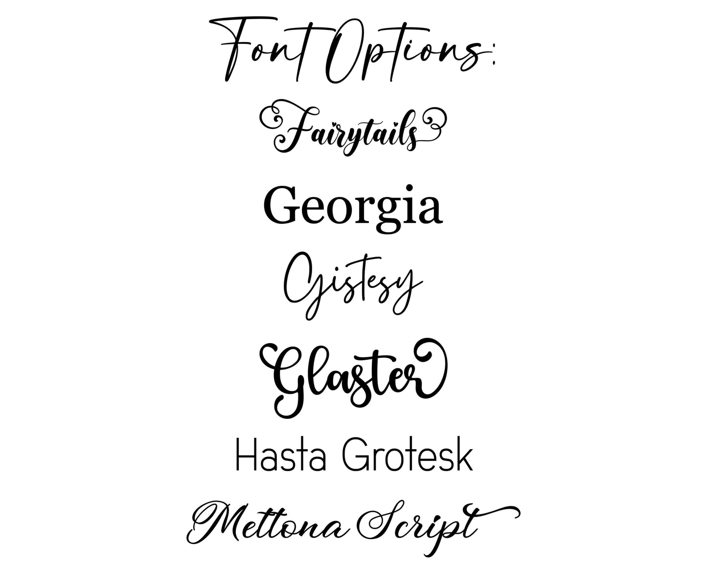 List of font choices for your name on 20oz skinny tumbler