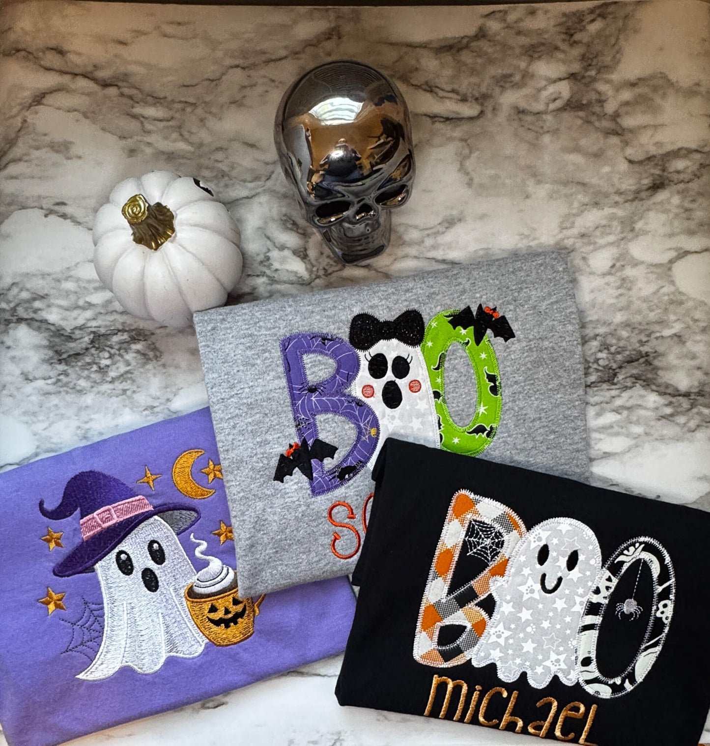 Halloween themed embroidered Tshirts for mom and kids.