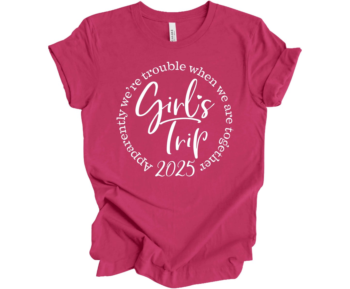 Bella Canvas T-Shirt in Berry with the saying 2025 Girls Trip Apparently We're Trouble When We Are Together