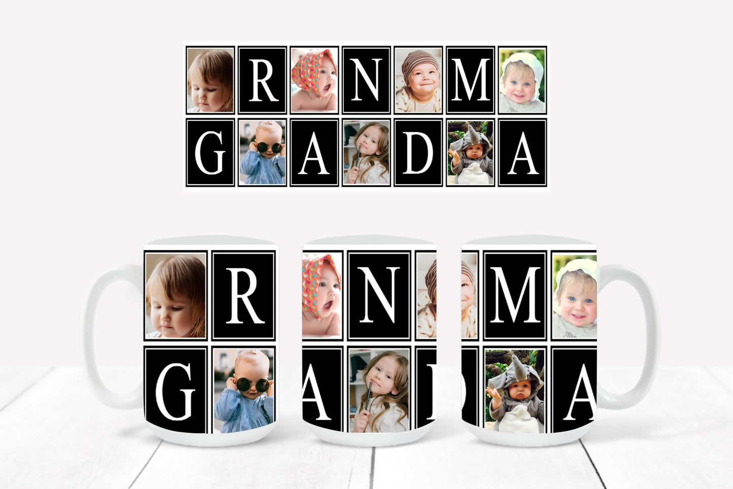 Personalized Photo Mug featuring a black-outlined collage design with hearts and the word "Grandma"