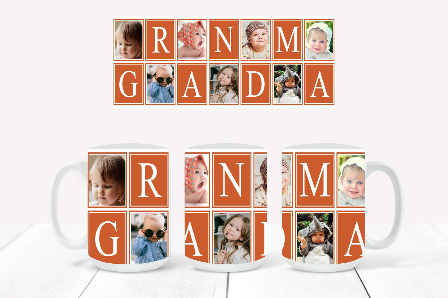 Personalized Photo Mug featuring a burnt orange-outlined collage design with hearts and the word "Grandma"