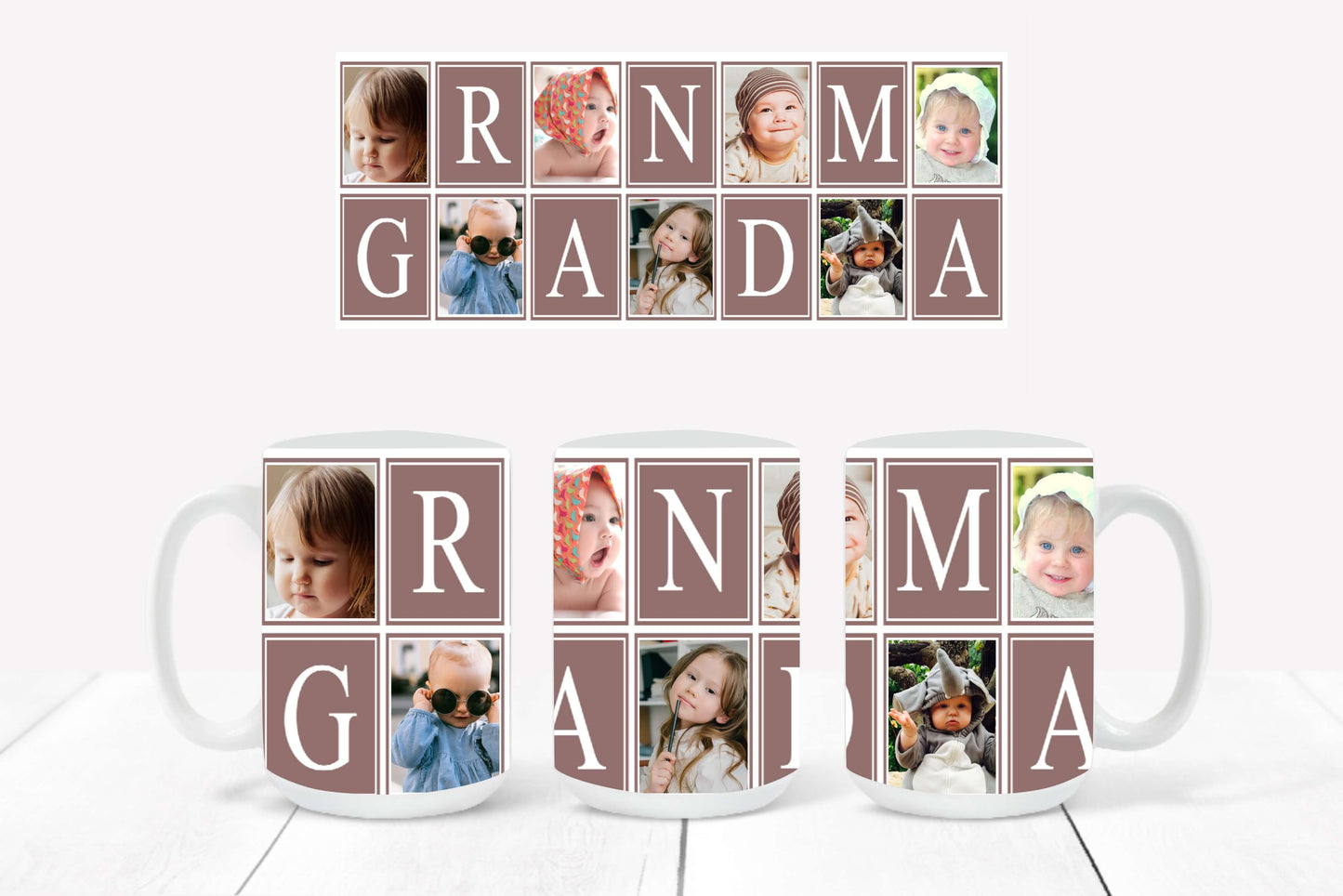Personalized Photo Mug featuring a copper rose-outlined collage design with hearts and the word "Grandma"