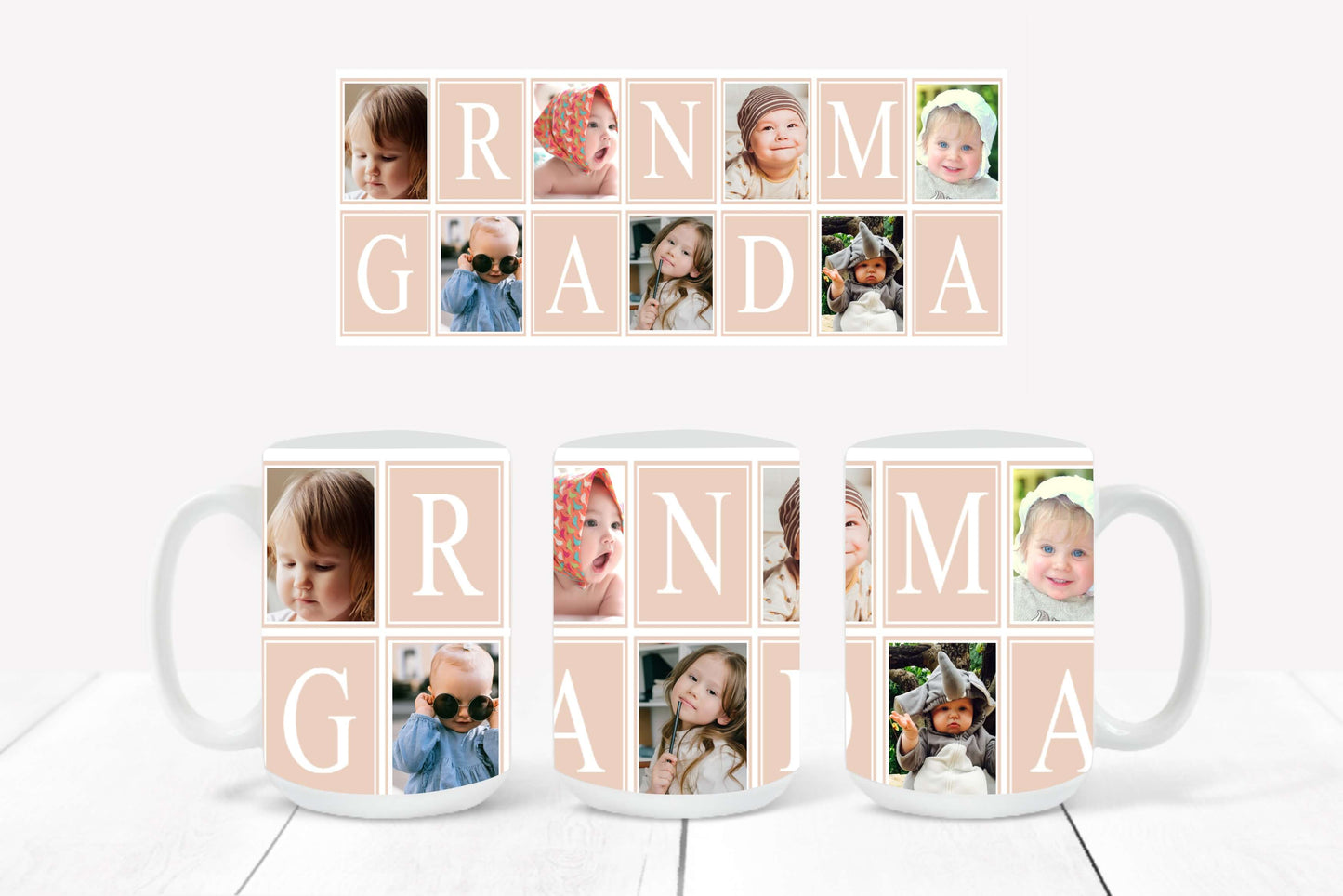 Personalized Photo Mug featuring a dust storm-outlined collage design with hearts and the word "Grandma"
