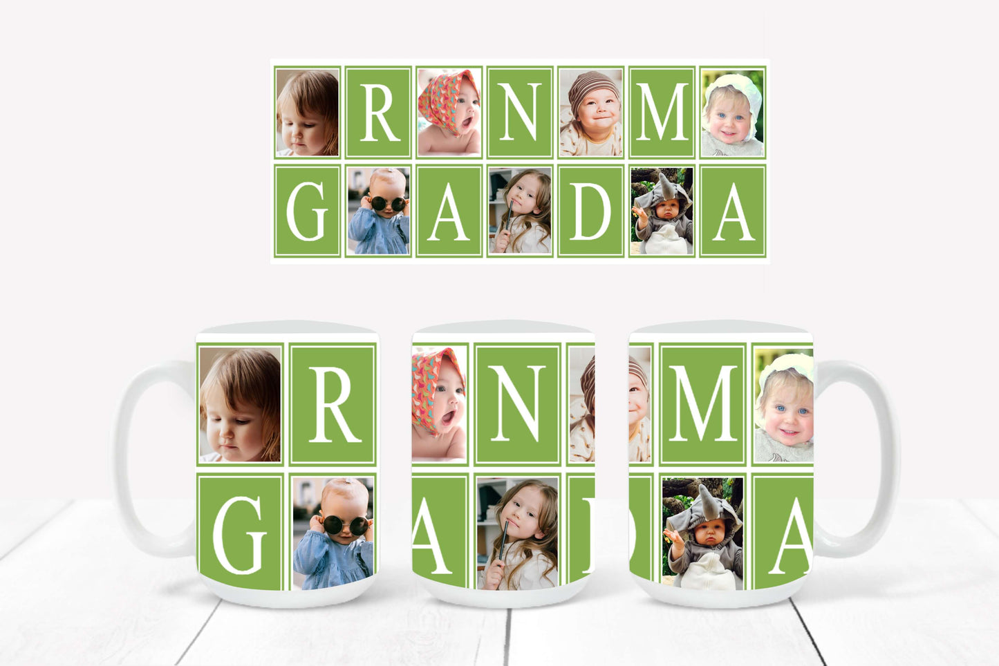 Personalized Photo Mug featuring a green-outlined collage design with hearts and the word "Grandma"