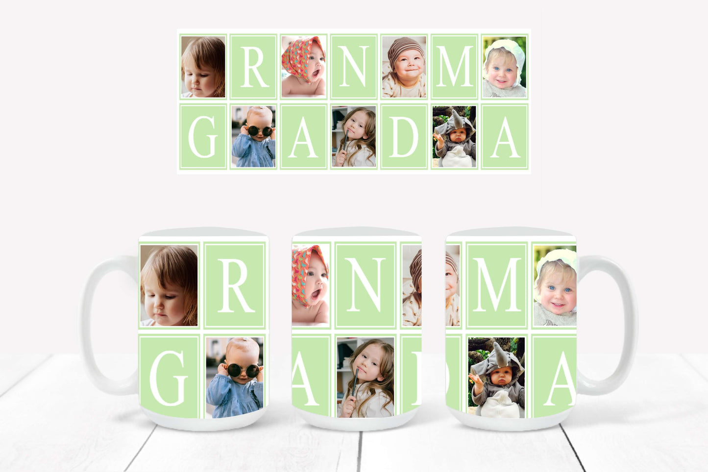 Personalized Photo Mug featuring a light green-outlined collage design with hearts and the word "Grandma"