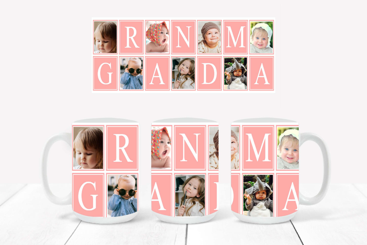 Personalized Photo Mug featuring a light pink-outlined collage design with hearts and the word "Grandma"