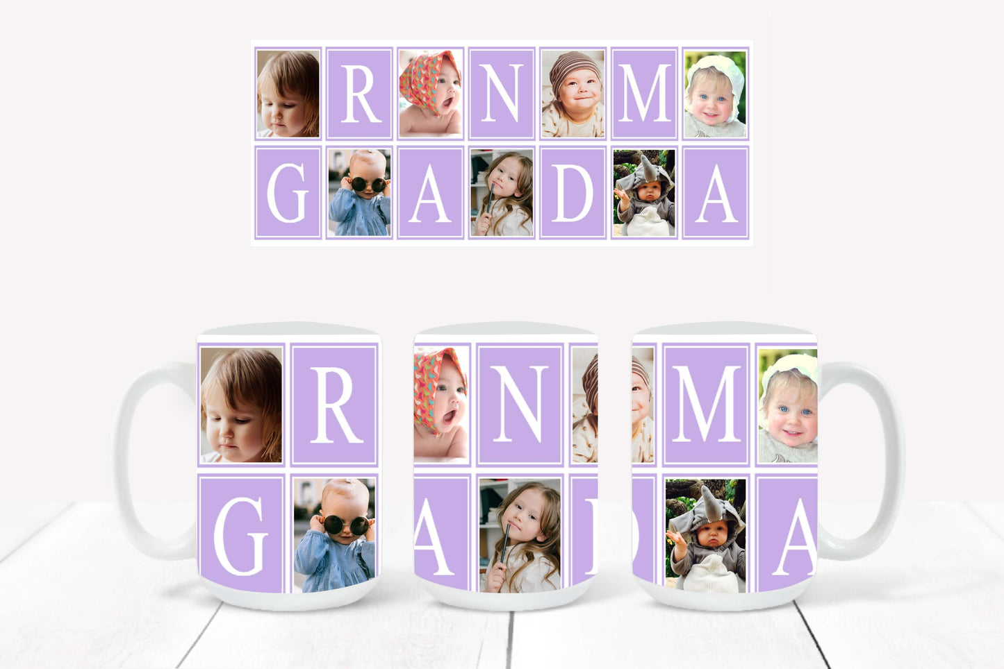 Personalized Photo Mug featuring a lilac-outlined collage design with hearts and the word "Grandma"