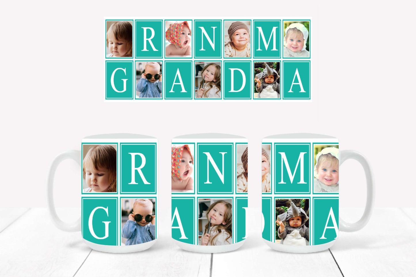 Personalized Photo Mug featuring a sea green-outlined collage design with hearts and the word "Grandma"