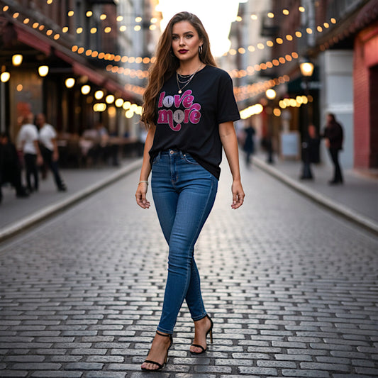Image is of a woman model wearing a black Gildan Softstyle T-Shirt with a rhinestone design that says "Love More" in the rhinestone color magenta while the border uses crystal stones. The font uses special glyphs on certain letters to make it look unique. The letter "O" in each word is in all crystal rhinestones instead of magenta. The design can be purchased on a Bella Canvas T-Shirt or a Gildan Softstyle.