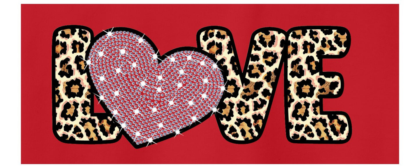 Close up picture of the design on this Gildan Softstyle Sweatshirt in the color Red with the word "Love" across the front adorned in leopard print and where the "O" has been replaced with a heart that has crystal rhinestones.