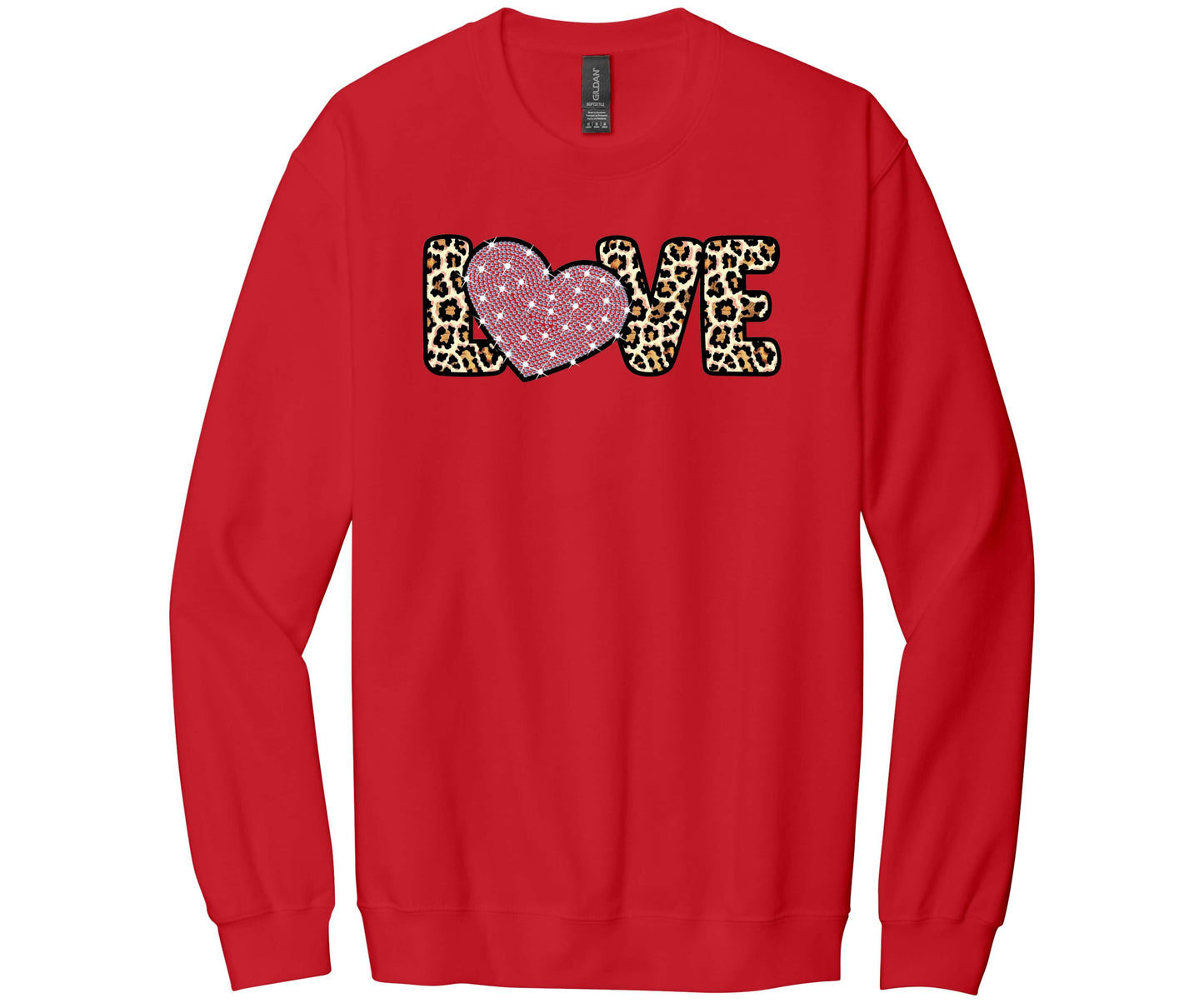 Gildan Softstyle Sweatshirt in the color Red with the word "Love" across the front adorned in leopard print and the "O" has been replaced with a heart that has crystal rhinestones.