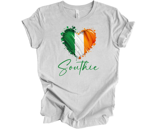 Bella Canvas T-Shirt in Ash with a Heart in Irish Flag Colors and the word Southie. Show off your Irish pride and your Boston roots.