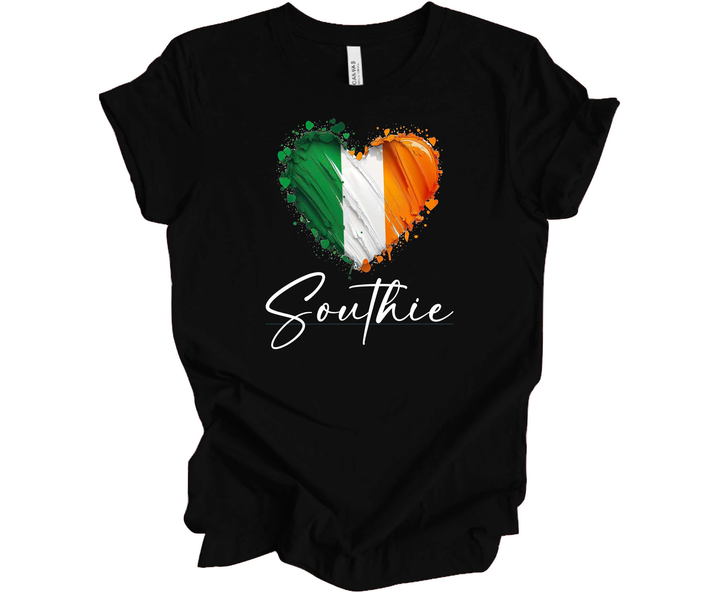 Bella Canvas T-Shirt in Black with a Heart in Irish Flag Colors and the word Southie