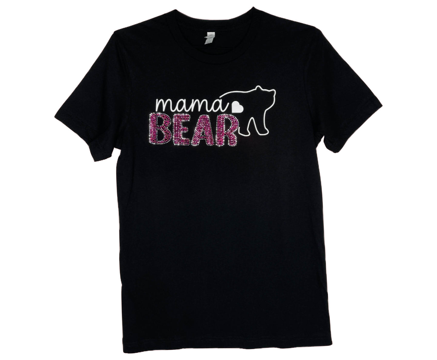 Bella Canvas T-Shirt in Black with a silhouette of a bear and the words "Mama Bear". The word "Bear" is embellished with rhinestones.