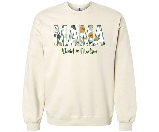 Gildan Softstyle Off White Sweatshirt with a Floral MAMA design in green and yellow hues personalized with her kid's names in glitter HTV.
