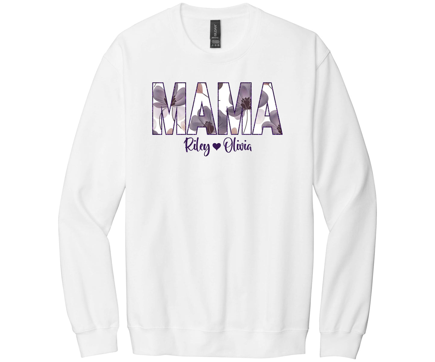 Gildan Softstyle White Sweatshirt with a Floral MAMA design in purple hues personalized with her kid's names in glitter HTV.