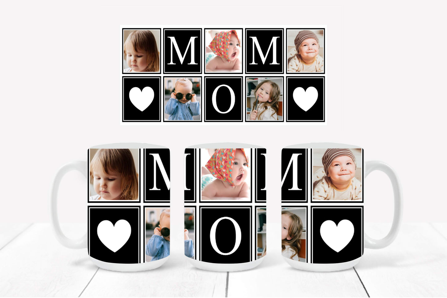 Personalized Photo Mug featuring a black-outlined collage design with hearts and the word "MOM"