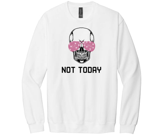 Gildan Softstyle White Sweatshirt with Skeleton face with Fuchsia Rhinestone Shades and the words Not Today