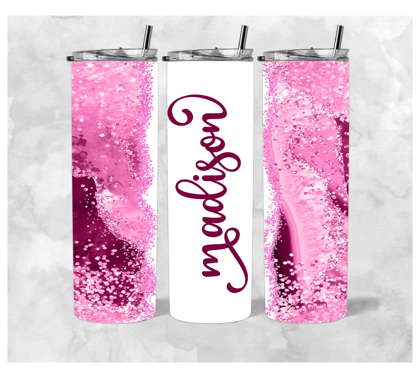 20oz Stainless Steel Tumbler with Pink Agate Marble Design personalized with your name in a font of your choice