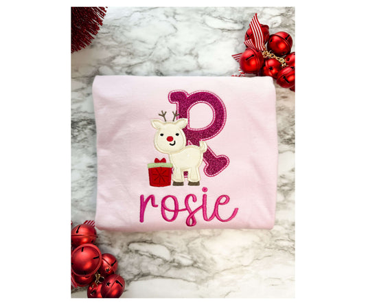 Personalized Alphabet Reindeer Christmas Shirt – Embroidered Holiday Gift