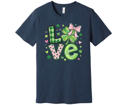 Bella Canvas T-Shirt in Heather Navy with a Shamrock LOVE design.