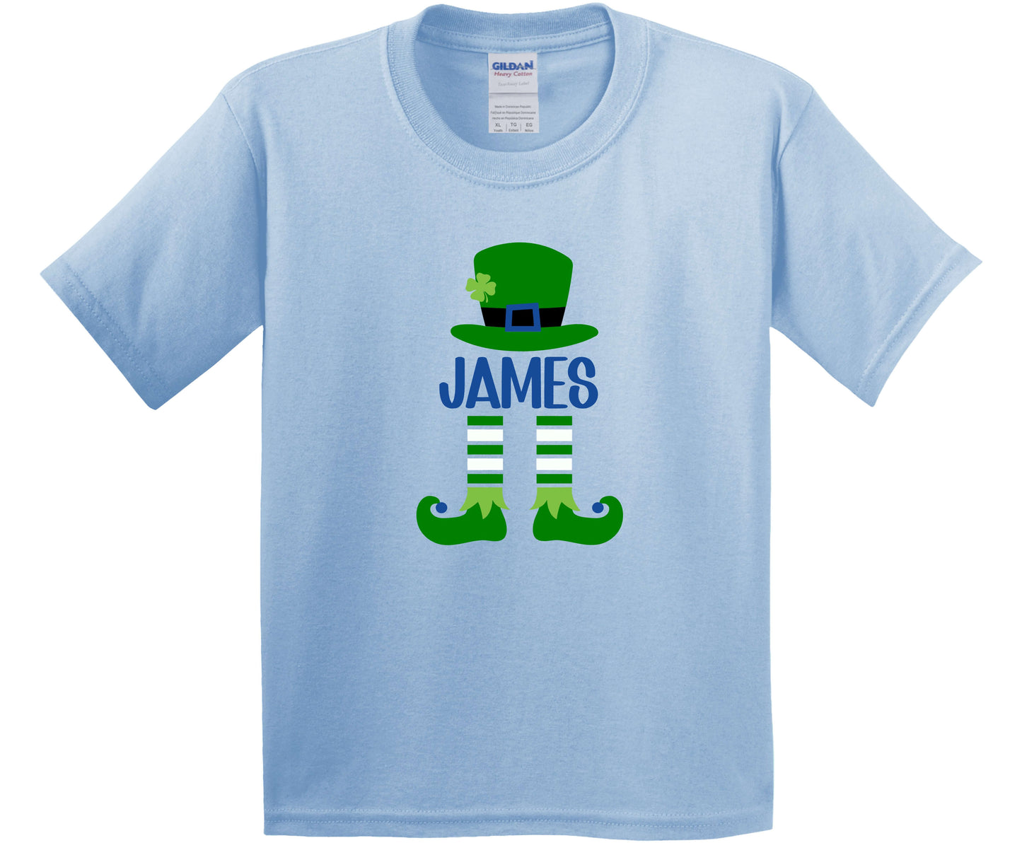 Gildan Youth Light Blue T-Shirt with a St. Patrick's Day Elf that you can personalize with your name.