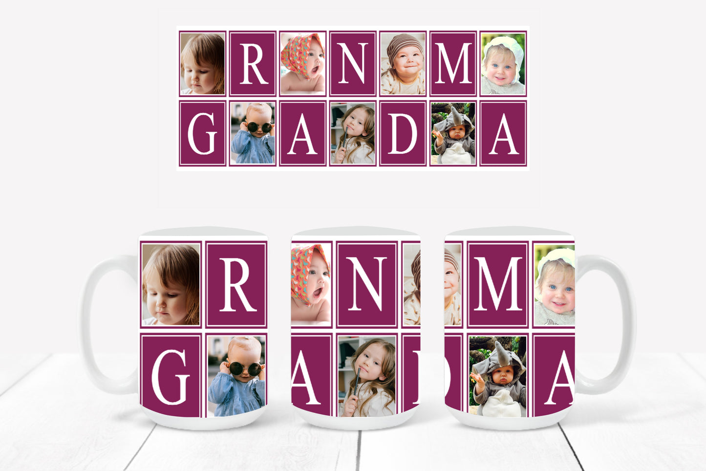 Personalized Photo Mug featuring a raspberry-outlined collage design with hearts and the word "Grandma"